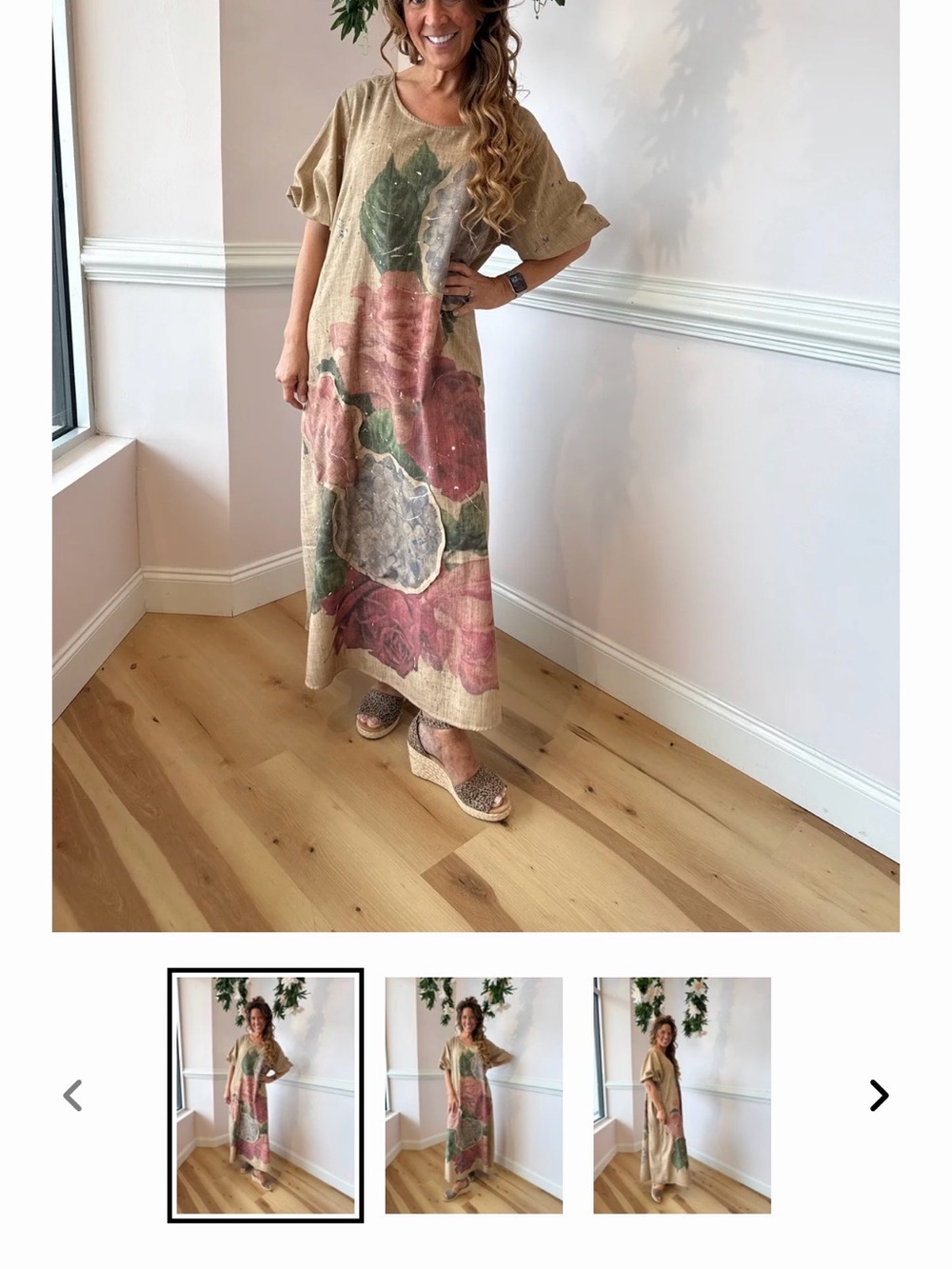 Boho Floral Maxi Dress in Beige with Rose and Green Print